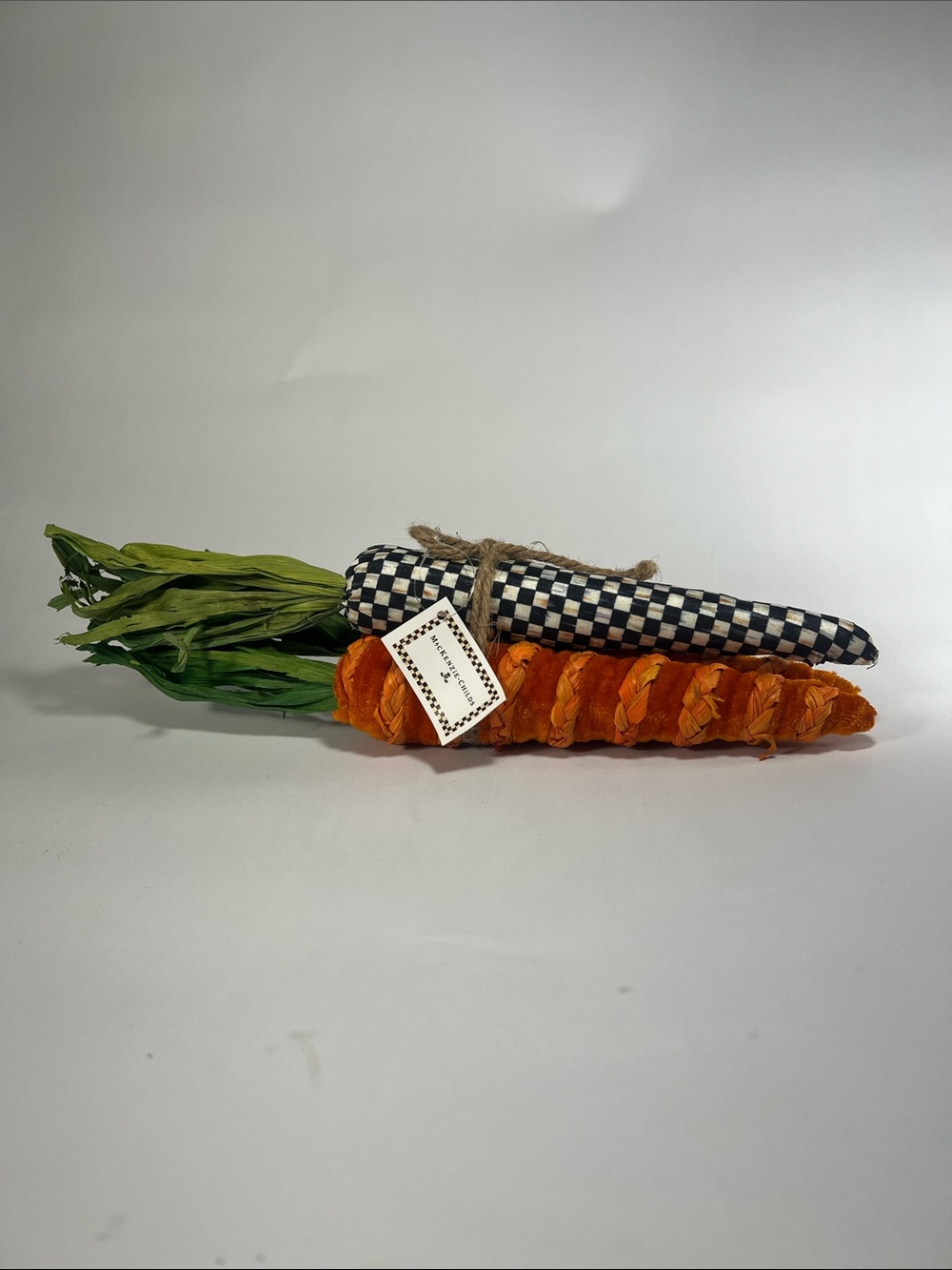 MacKenzie-Childs Orange & Black Check Fabric Carrot trio with Green Tops